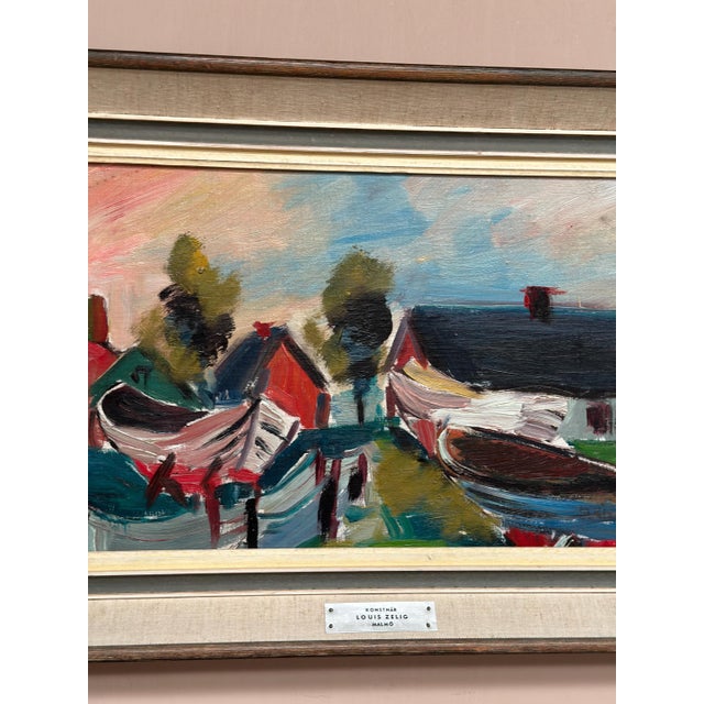 Mid-Century Modern Louis Zelig, Boats in Fishing Village, 1950s, Oil on Panel, Framed For Sale - Image 3 of 18
