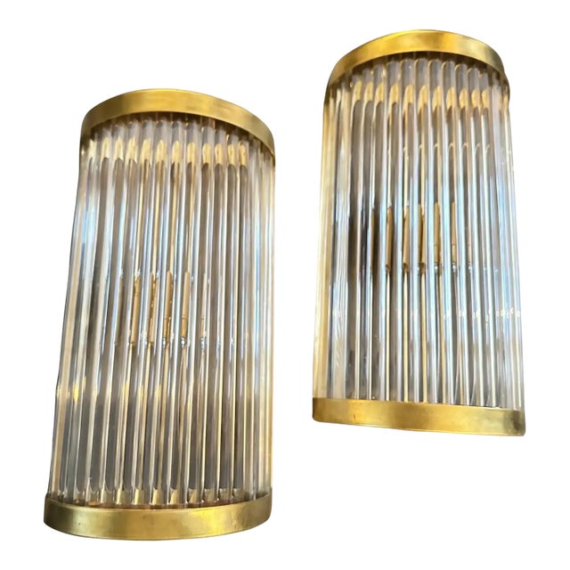 Two Sciolari Style Mid-Century Modern Brass and Glass Italian Wall Sconces For Sale