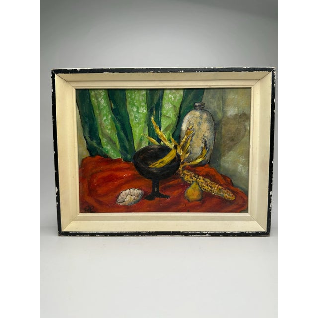 A modernist approach is the essence of this small original oil painting. It depicts random still life objects; a jug, corn...