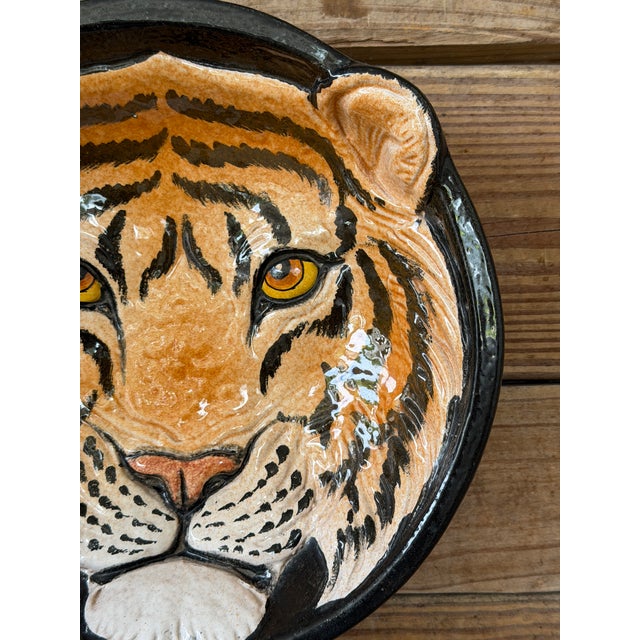 Ceramic Vintage Italian Glazed Terracotta Tiger Wall Plate | Sculptural Ceramic Wall Art For Sale - Image 7 of 12
