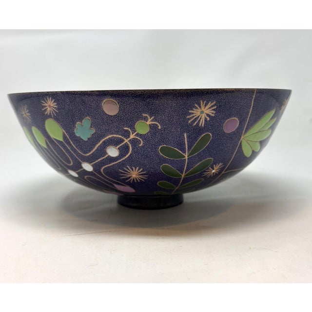 Miguel Pineda Enamel Bowl, Footed. Enamel on copper, with designs applied using the sgraffito technique. Darker blue...