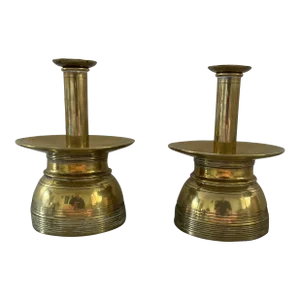 Antique Early 20th Century Heavy Brass Candle Stick Holders in the Aesthetic Taste - a Pair