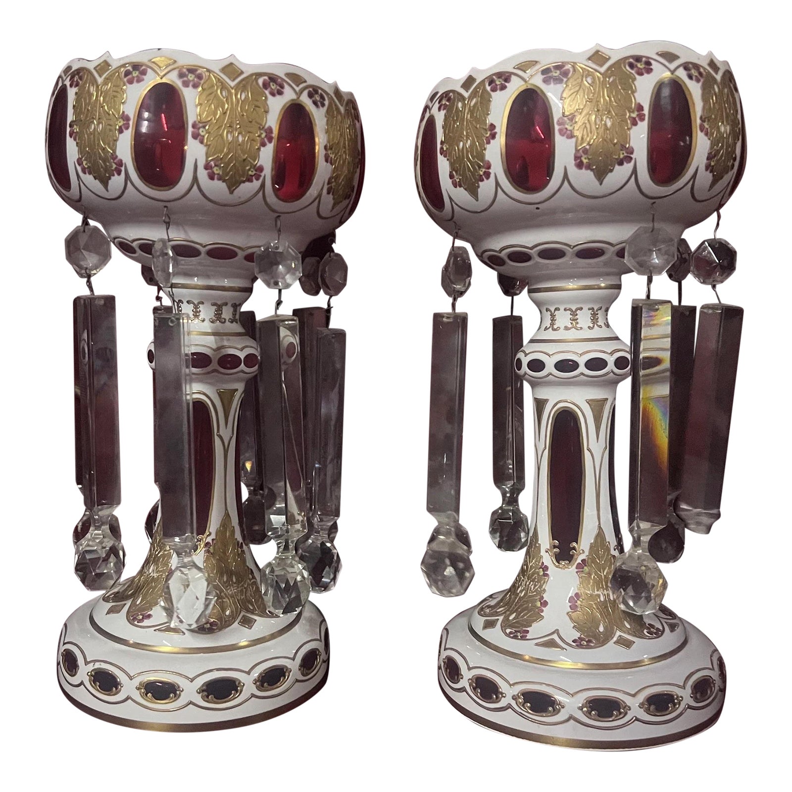 Antique Bohemian Cranberry Glass Candle Holders Lusters Pair Chairish
