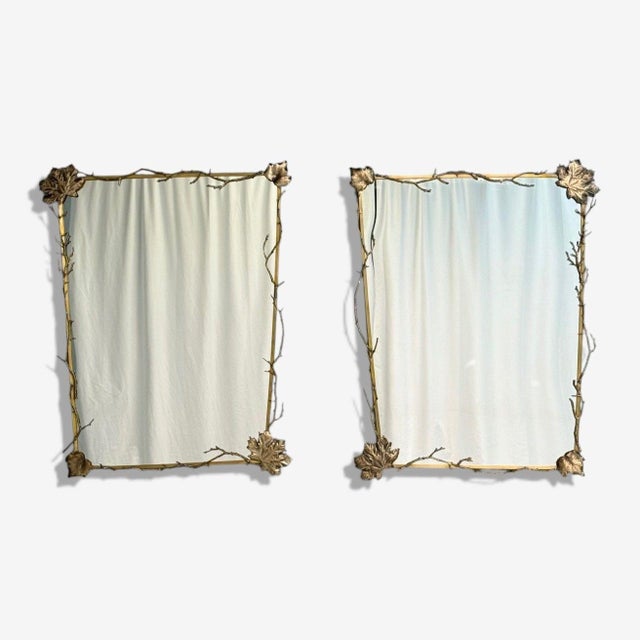 Contemporary Trapezoidal Bronze Wall Mirrors, Branch and Leaf Motif, France, 21st C. Pair of one of a kind and unique...