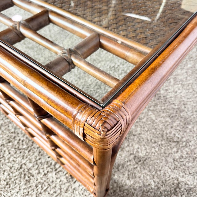Boho Chic Rattan and Wicker Inlaid Glass Top Coffee Table For Sale In Miami - Image 6 of 10