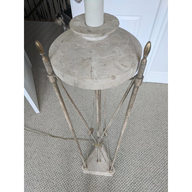 Neoclassical Vintage Maitland Smith Neoclassical Travertine Stone Floor Lamp With Lamp Shade For Sale - Image 3 of 11