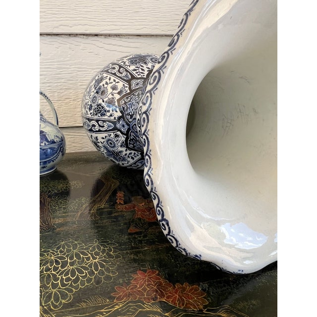 Vintage Large Delft Trumpet Vase Blue and White Floral Boch Royal Sphinx Urn For Sale - Image 16 of 18