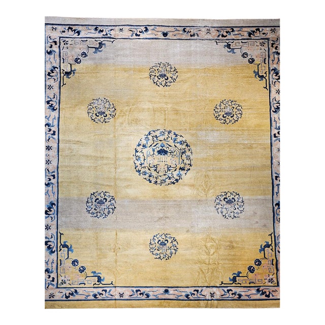 Antique Chinese Peking Rug, Handwoven Ningxia Medallion Pattern, Pale Yellow, 13' X 16' For Sale