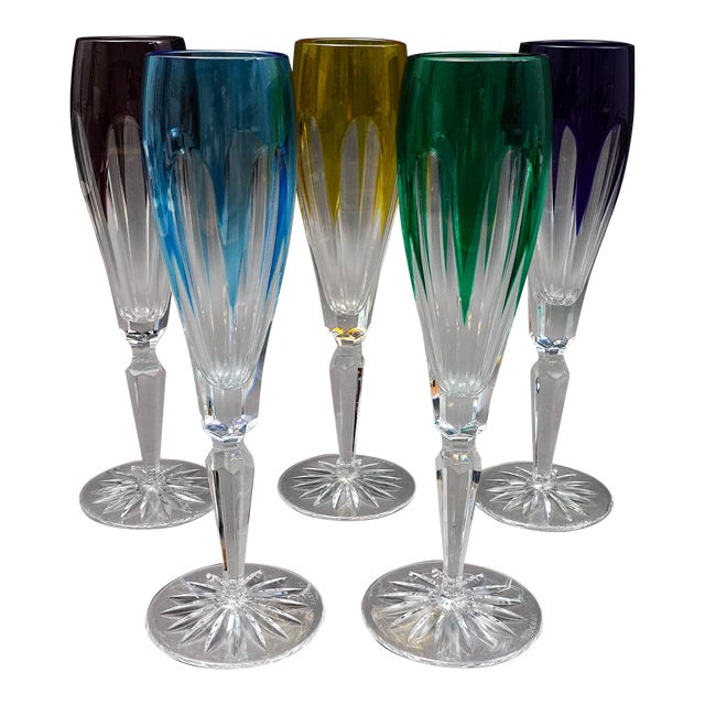 Mid 20th Century Faberge Crystal Lausanne Multicolored Champagne Flute Glasses- Set of 5 For Sale