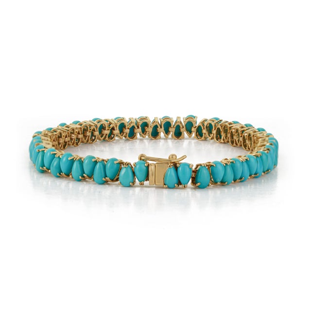 14k Yellow Gold 12.55 Ct Pear-Cut Cabochon Turquoise Tennis Bracelet, 7 Inches For Sale - Image 10 of 17