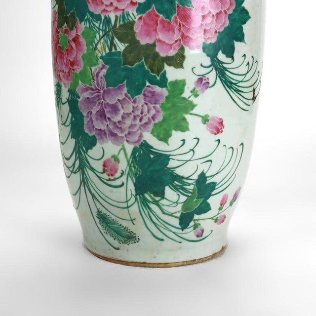 Antique Chinese Pottery Tall Vase With With Floral & Calligraphy & Signed C1930 Measures - 23 1/8" x 8 3/4" x 8 3/4" An...