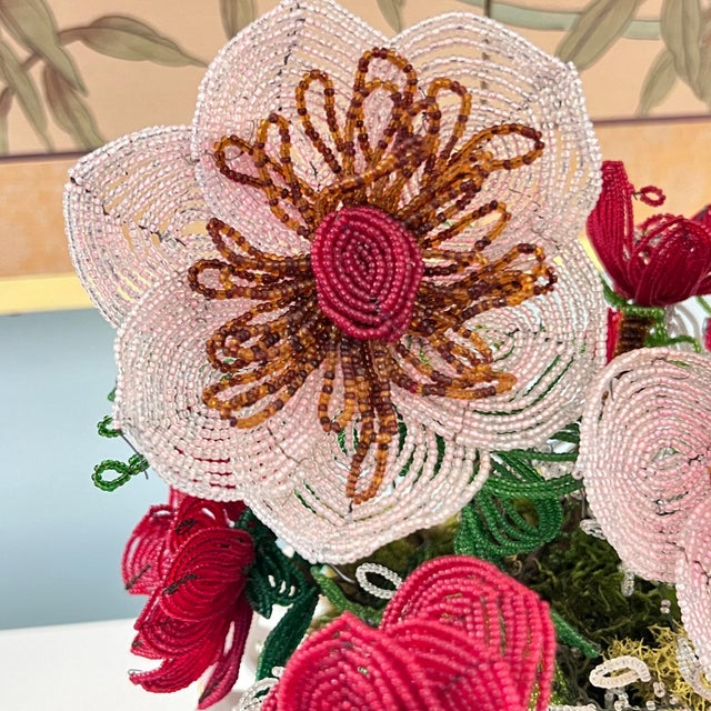 French 1950s Beautiful Limoges porcelain compote with large French glass seed bead flowers // reticulated compote with gilt accents // Made in France For Sale - Image 3 of 10