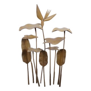 Mid Century Modern Carved Teak Bird of Paradise & Leaf Botanical Arrangement 46" For Sale