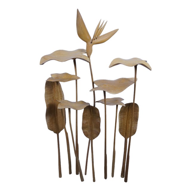 Mid Century Modern Carved Teak Bird of Paradise & Leaf Botanical Arrangement 46" For Sale