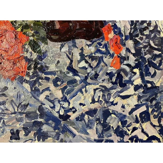 Maya Kopitzeva, Red Roses on Blue Tablecloth, 1970s, Oil on Canvas For Sale - Image 6 of 7