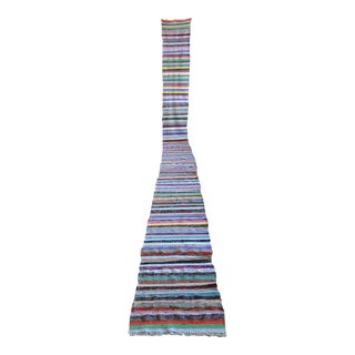 Vintage Handmade Rag Runner Rug - 1′9″ × 21′4″ For Sale