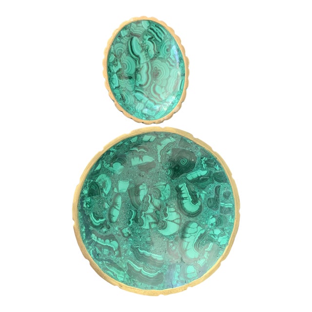 Malachite Bowls With Brass Rim Detailing - a Pair For Sale