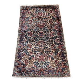 Vintage Kerman Area Rug, Allover Floral Pattern, Handwoven Wool, Ivory & Blue, 3’ X 5’ For Sale