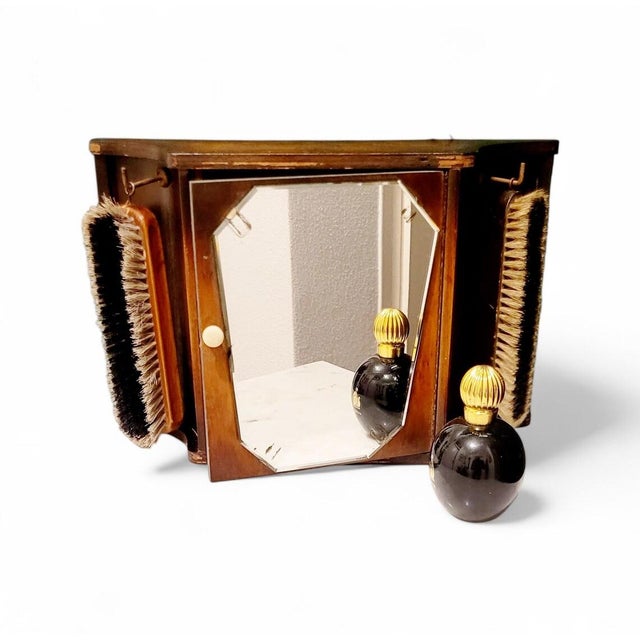 Brown Vintage French Art Deco Shoe Polish Wall Cabinet with Mirror and Original Brushes, 1920 For Sale - Image 8 of 8