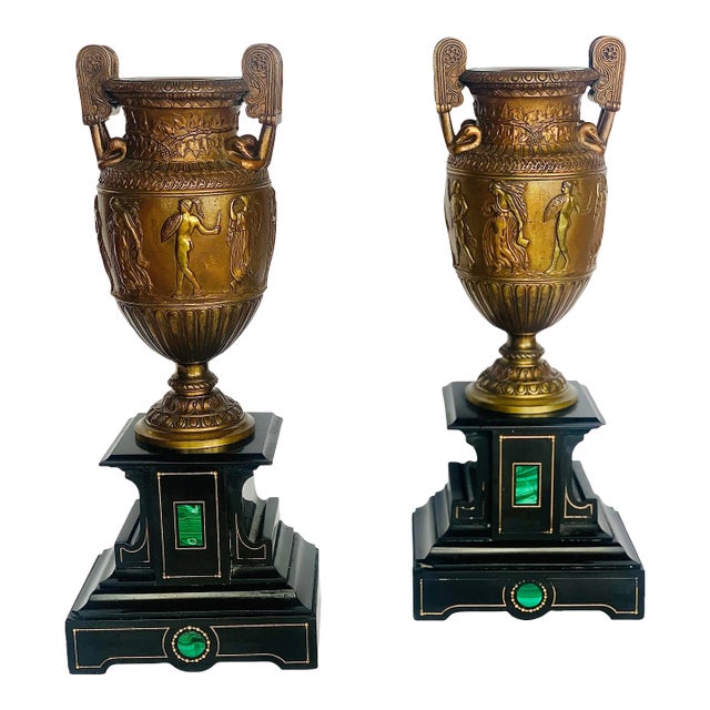 Antique Late 19th C. French Napoleon Ill Bronze Urn With Grecian Statuary on Stone Pedestal, Malachite Insets & Incised Gilt String-Work- a Pair. For Sale