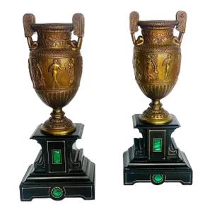 Antique Late 19th C. French Napoleon Ill Bronze Urn With Grecian Statuary on Stone Pedestal, Malachite Insets & Incised Gilt String-Work- a Pair.