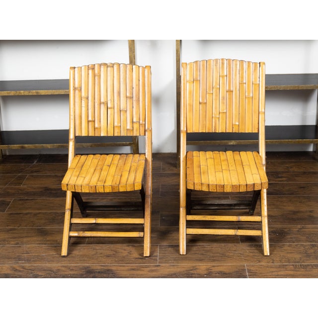 Mid-Century Modern Pair of Midcentury Bamboo Folding Chairs with Slatted Design and Light Patina For Sale - Image 3 of 10