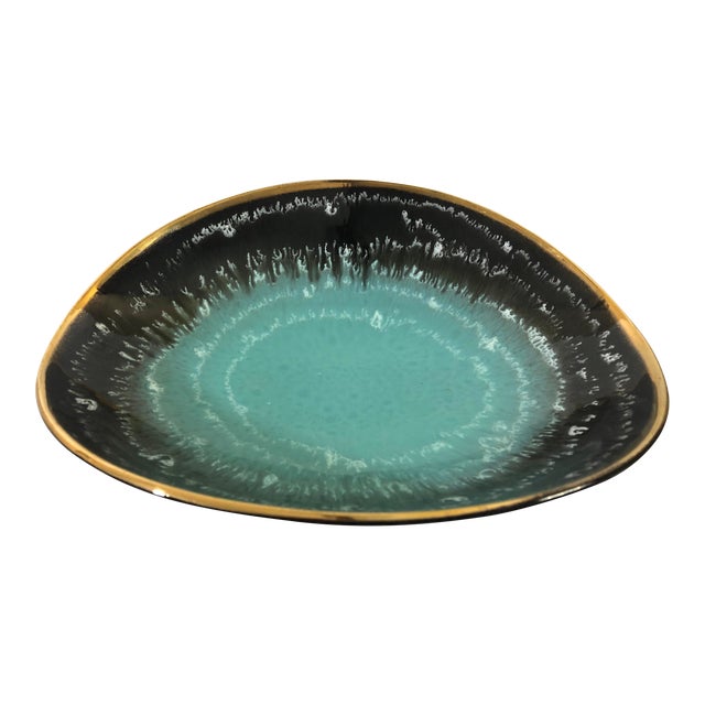 Mid Century German Pottery Decorative Bowl W/24k Gold Rim For Sale