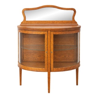 Antique 1910s American Oak Bowed Glass Mission Demi-Lune Sideboard Buffet China Cabinet For Sale