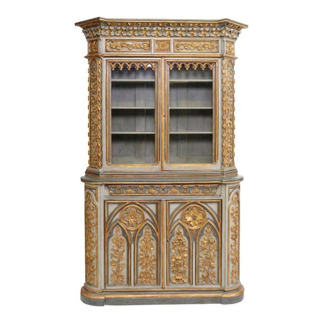 Monumental 19th Century Gothic Revival Carved Painted Gilded Wood Glass Door Two-Piece Hutch Buffet China Cabinet For Sale