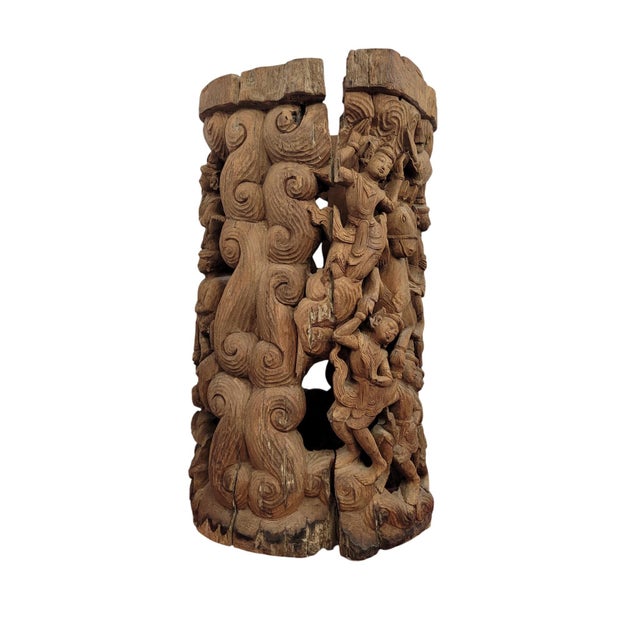 19th-Century Southeast Asian Hand-Carved Teak Temple Pillar Wrap Sculpture For Sale - Image 12 of 18