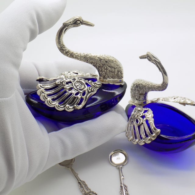 This vintage silver tabletop condiment service depicts swan figures, crafted as a dining table accessory, sideboard...