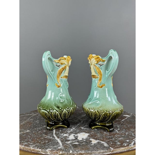 20th Century Art Nouveau Glazed Ceramic Vases with Floral Decoration, Set of 2 For Sale - Image 5 of 10
