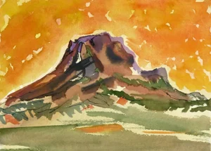 Watercolor - Fiery Mountain Top Landscape