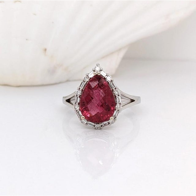 Pink Tourmaline Ring With Natural Diamond Halo: Solid 14k Gold, Pear Cut 11x8mm, Size 6.75 For Sale In Columbus - Image 6 of 10