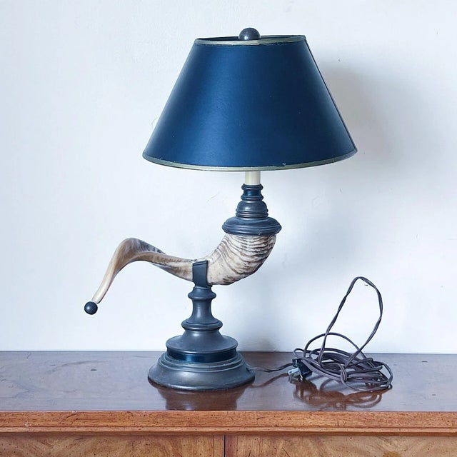 Black Vintage Faux Ram Horn and Brass Lamp With Black and Gold Shade, by Chapman For Sale - Image 8 of 8