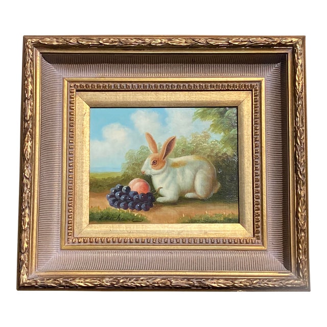 Mid 20th Century Bunny Rabbit With Fruit Painting, Framed For Sale