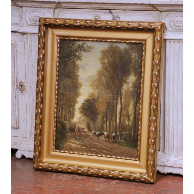 This antique French painting, created circa 1870, captures a tranquil pastoral landscape rendered in the naturalistic...
