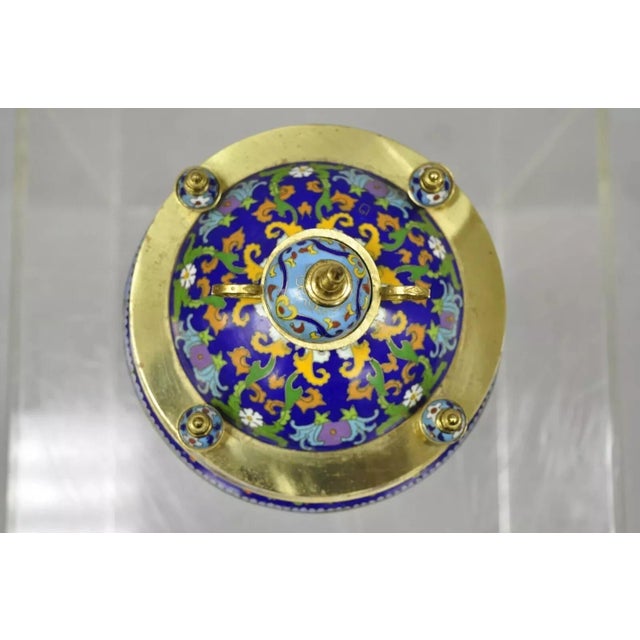 Chinese Vintage Chinese Cloisonne Brass Figural Porcelain Enamel Mantel Clock For Sale - Image 3 of 12