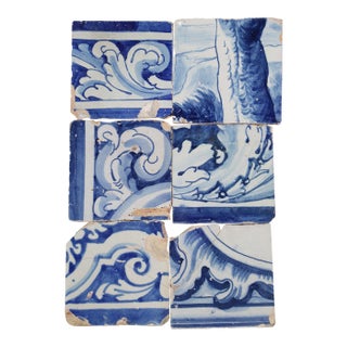 Antique Set of 6 Baroque Portuguese Tiles, 18th Century Blue & White Scrollwork and Ornamental Motifs For Sale
