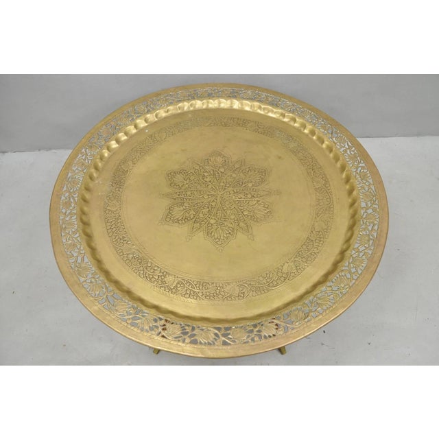 Moroccan Vintage Moroccan 40" Round Brass Tray Top Teak Folding Spider Leg Coffee Table For Sale - Image 3 of 15