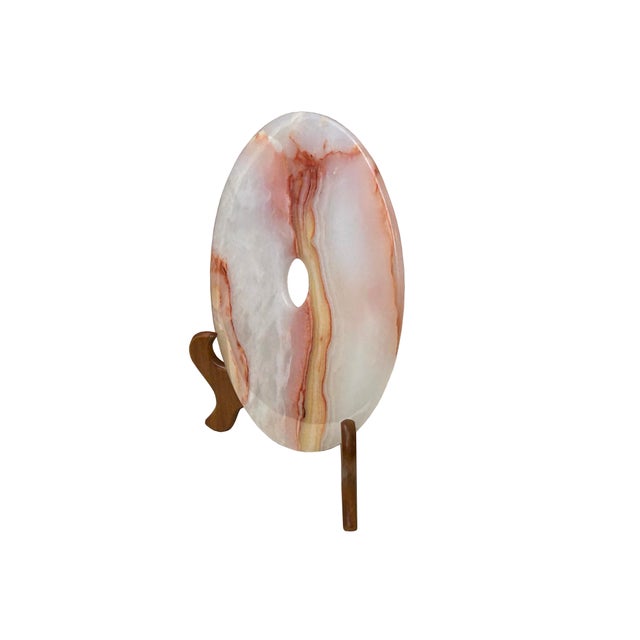 9.75" Natural White Brown Onyx Stone Round Fengshui Home Decor Display For Sale In San Francisco - Image 6 of 16