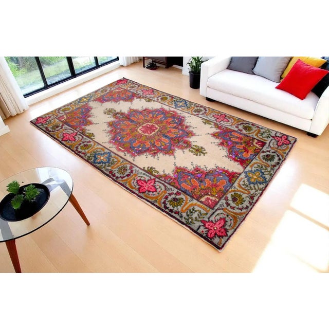 Boho Chic 1970s Vintage Hand Knotted Colorful Turkish Rug - 4′11″ × 8′8″ For Sale - Image 3 of 12