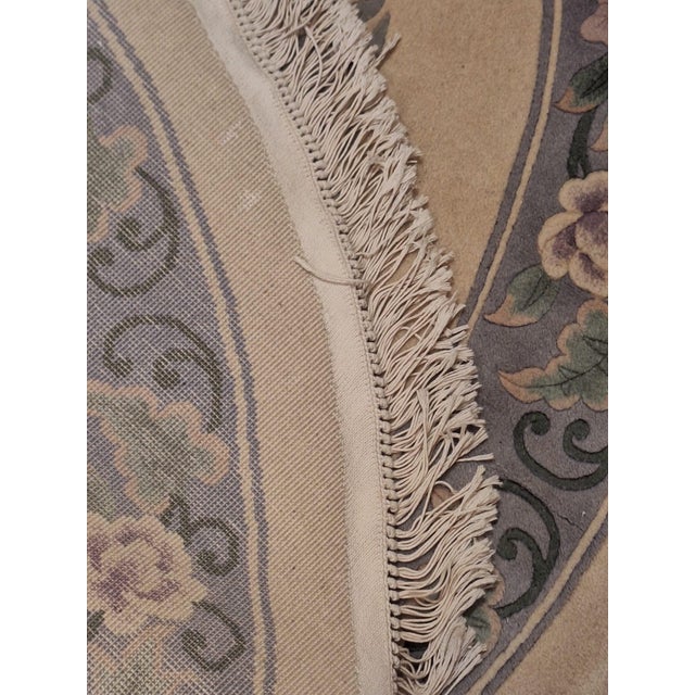 Vintage Round Chinese Floral Wool Rug With Sculpted Botanical Design & Fringe For Sale - Image 4 of 7