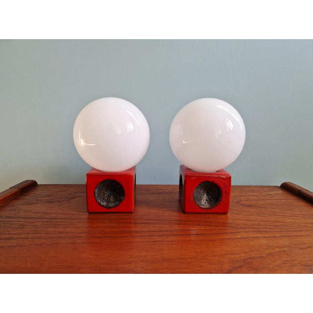 1970s Red Ceramic Bedside Lamps with Opaline Glass Globes, 1970s, Set of 2 For Sale - Image 5 of 14