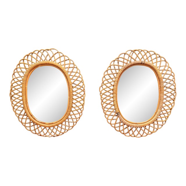 1950s Italian Wicker Oval Wall Mirrors by Franco Albini, a Pair For Sale