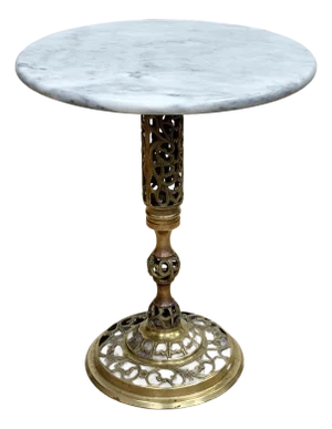 Vintage French Style Round Marble Top Brass Filigree Table