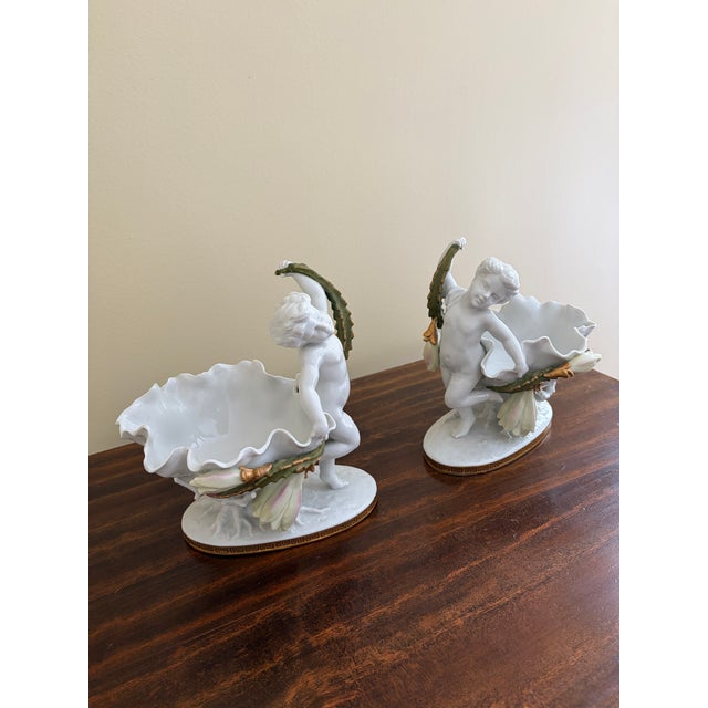 French Provincial Neoclassical Porcelain Compotes With Putti & Gold Gilt Greek Key Border, Pair For Sale - Image 3 of 15