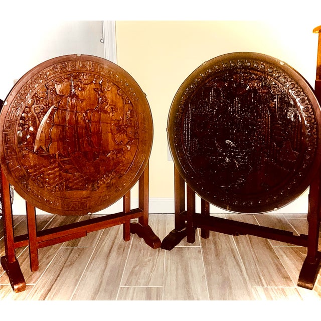 Antique Chinese Tilt Tsbles Hand Carved Glazed Wood With Protective Glass Tilt Top Table Pair For Sale - Image 9 of 9