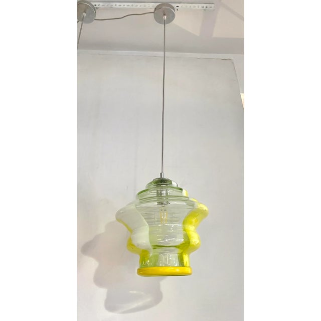 Bespoke Italian Organic Lemon Yellow White Step Tulip Murano Glass Pendant Light For Sale - Image 10 of 13