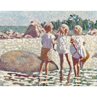 Henry Benson, Large Oil Painting Beach Scene with Children Henry Benson Americana Art Seashore For Sale